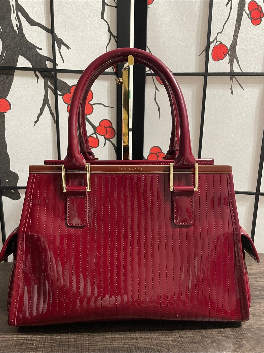Ted Baker Red Patent Leather Satchel with Gold Hardware & exterior pockets